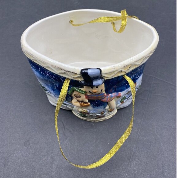 VTG Christmas Snowman Basket Planter Candy Bowl Ceramic Jay Import Ribbon Handle - Picture 2 of 11